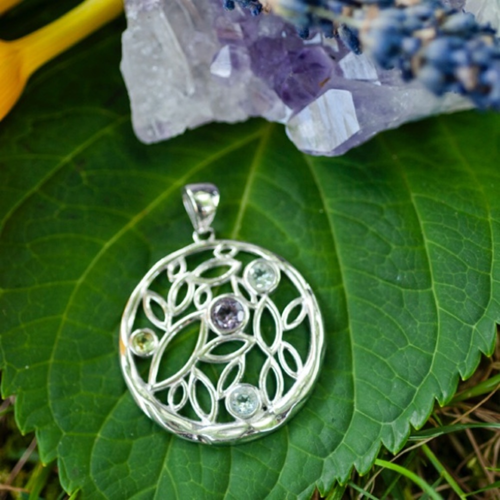 Circular Silver Pendant w Leaves & Gemstones
